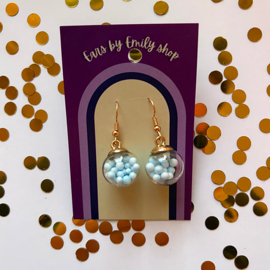Blue ball bauble Christmas dangle earrings gold plated