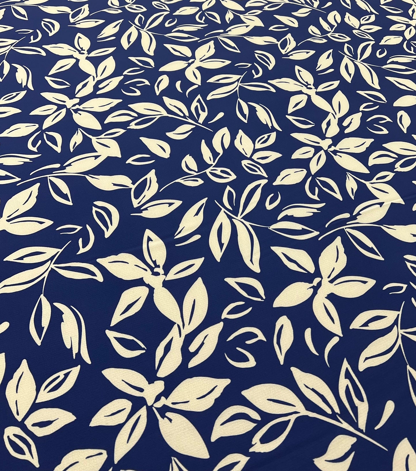 Blue Leaf Print Lightweight Bubble Crepe Fabric