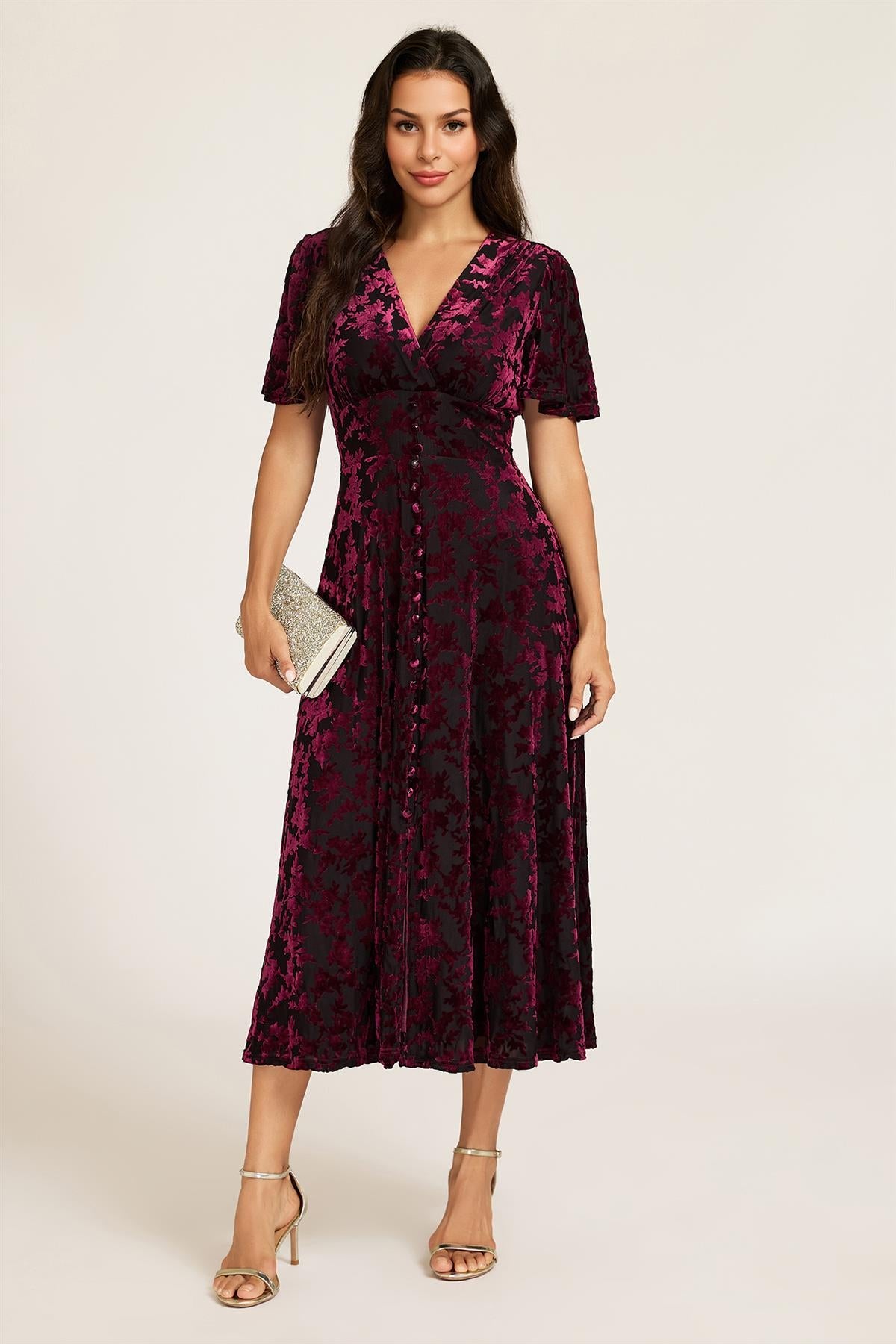 Floral Velvet Devore V neckline Dress In Wine