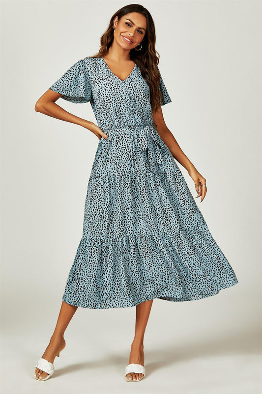 Leopard Print Hem Tiered Wrap Midi Dress In Blue