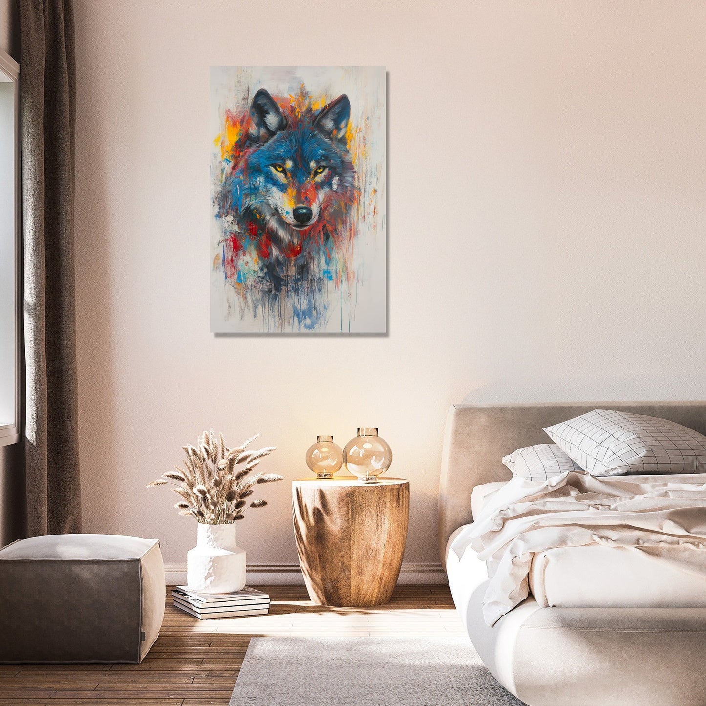 Vibrant Wolf on Grey Canvas