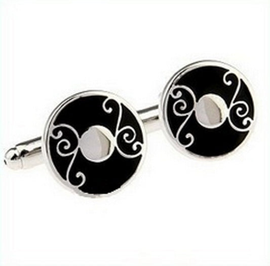 black and silver circular cufflinks