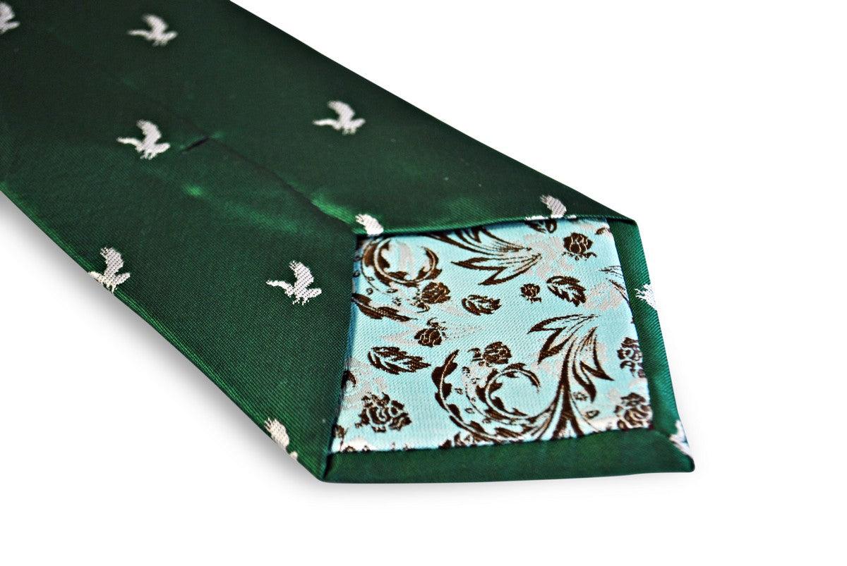 green tie with white eagle bird silhouette design