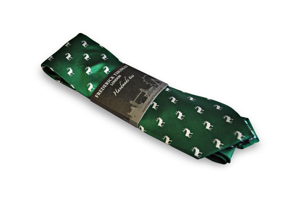 green tie with white stag deer silhouette design