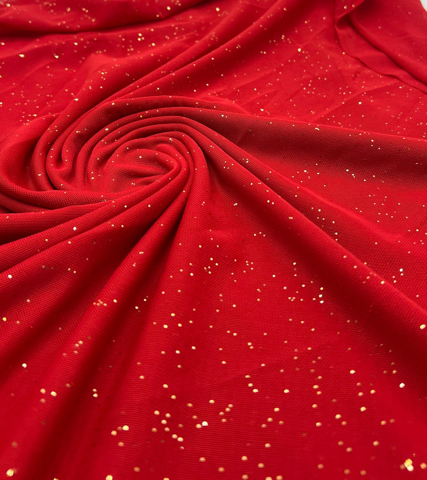 Red Gold Glitter Sparkle Mesh Fabric Stretch