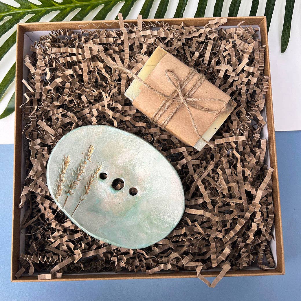 Green and Gold Ceramic Soap Dish With Drainage
