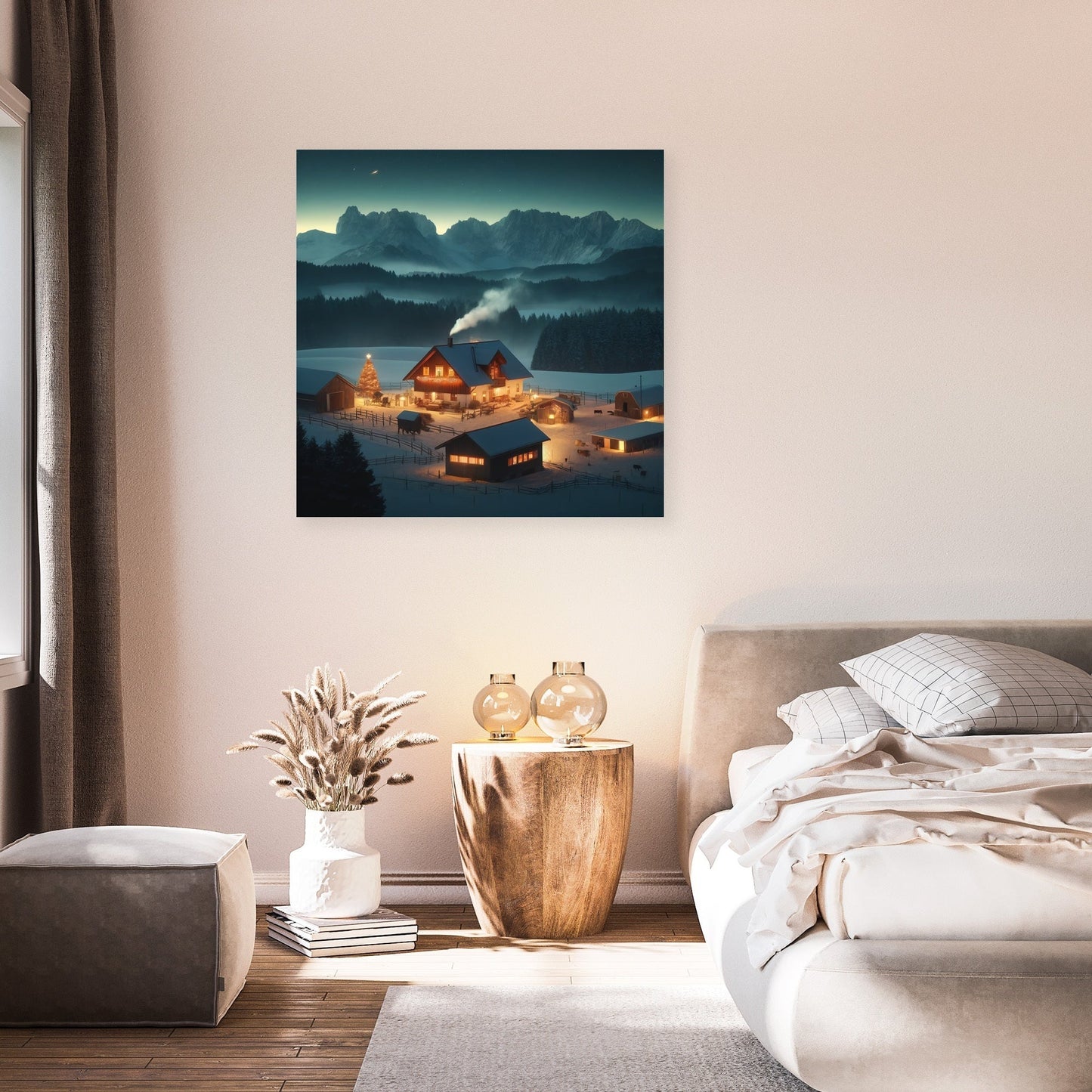 Mountain Farm Holiday Night Canvas