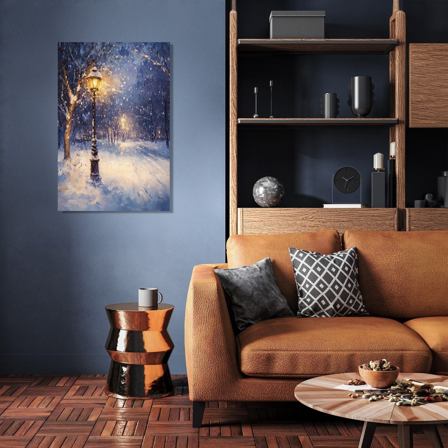 Snowfall Under Lamplight Canvas