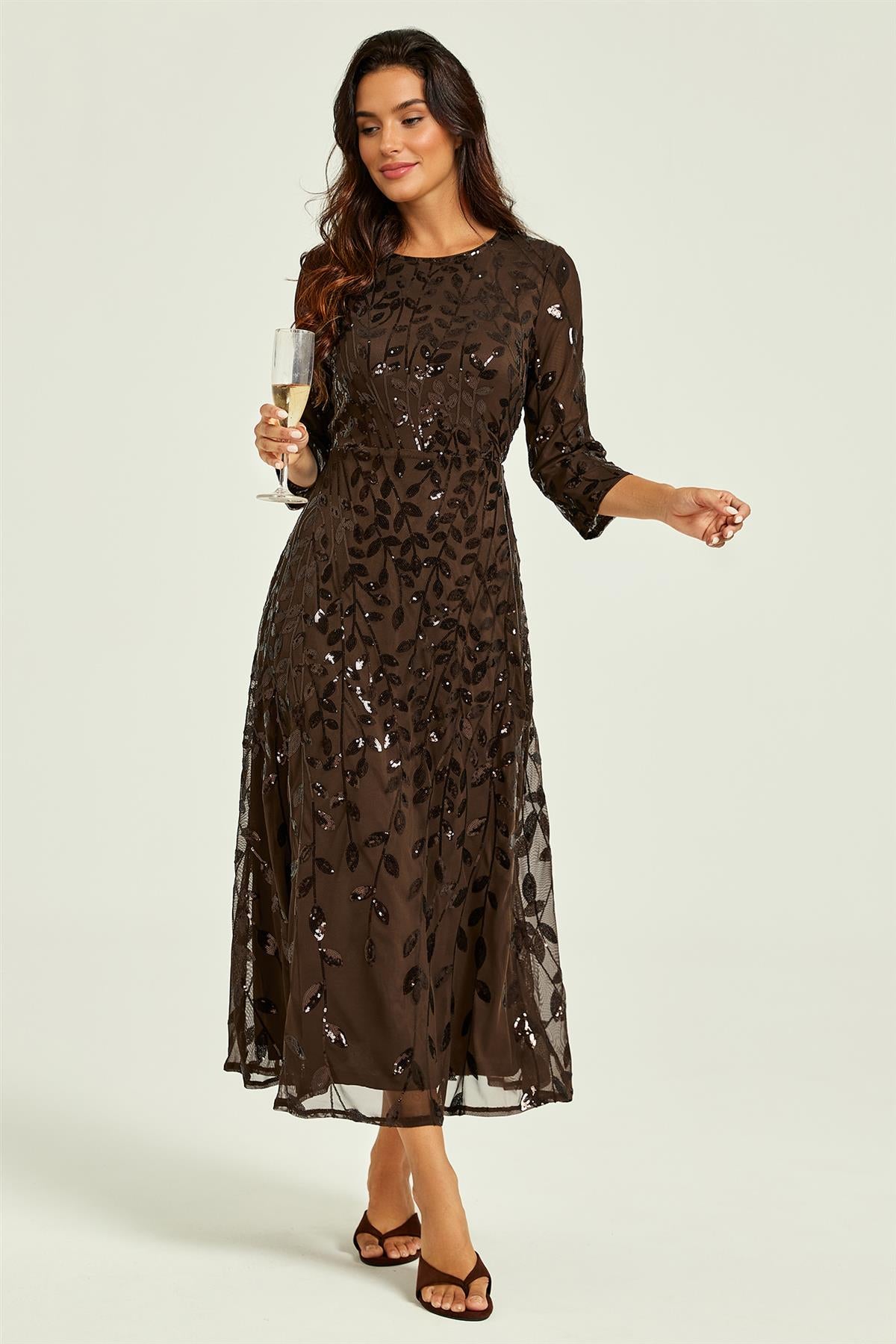 Sequin Leaf 3/4 Sleeve Bridesmaid Midi Dress In Brown