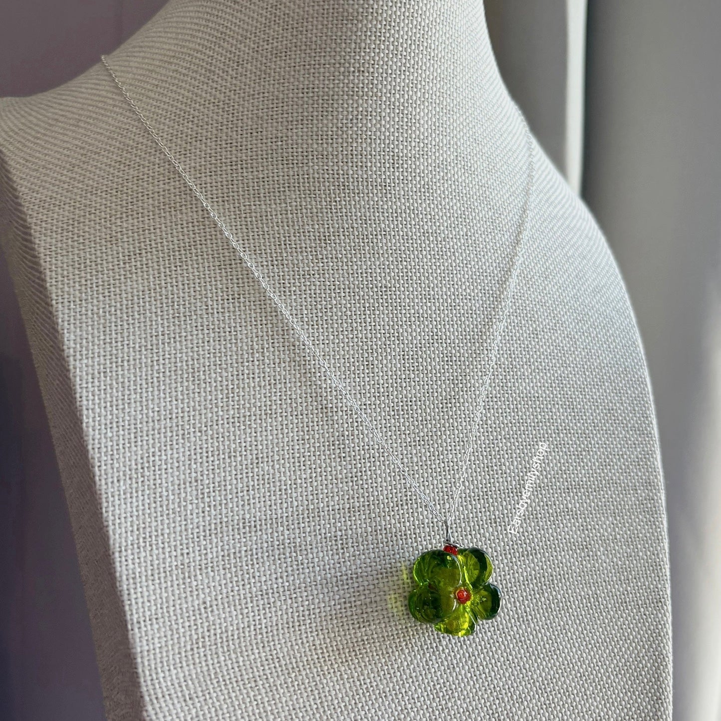 Cool green glass flower necklace on sterling silver chain