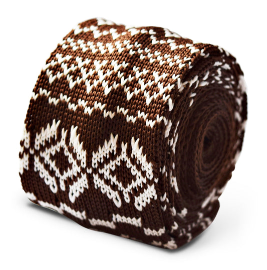 brown and white with christmas jumper design knitted skinny tie