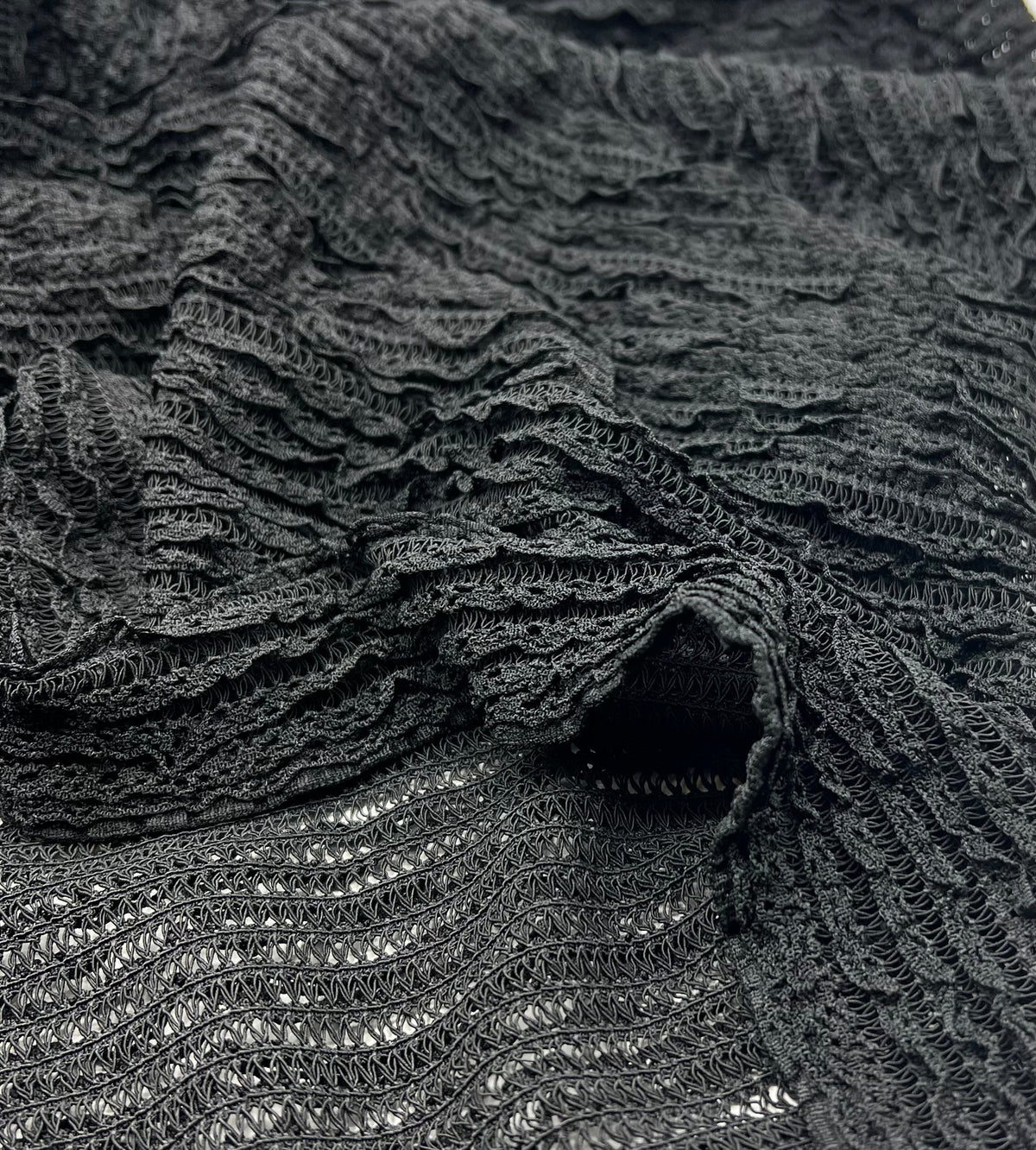 Black Ruffle Crochet Frill Knitted Stretch Fabric 300GSM