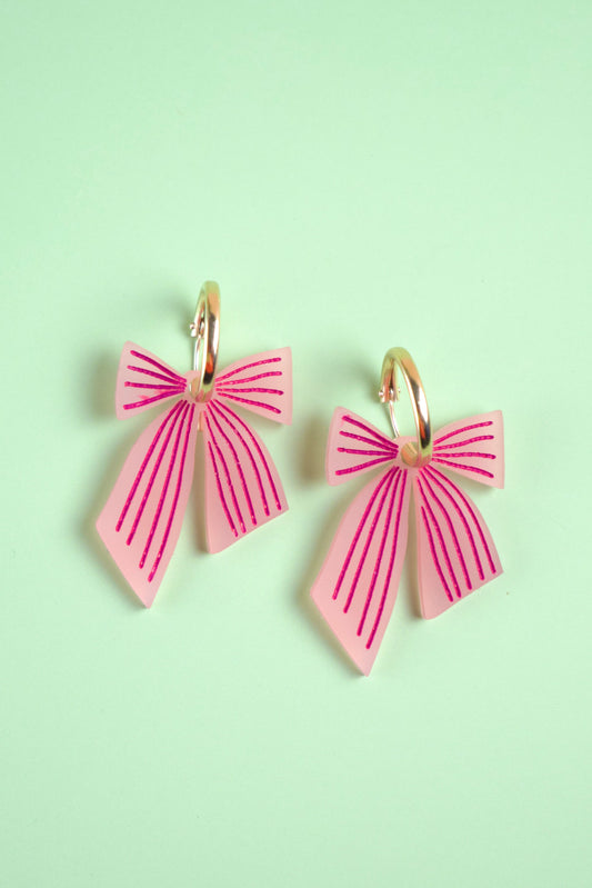 Pink Striped Bow Hoop Earrings