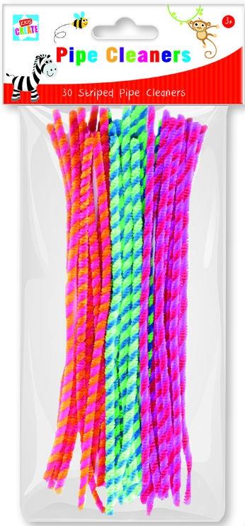 Children's Pack of 30 Colourful Striped Pipe Cleaners for Crafts