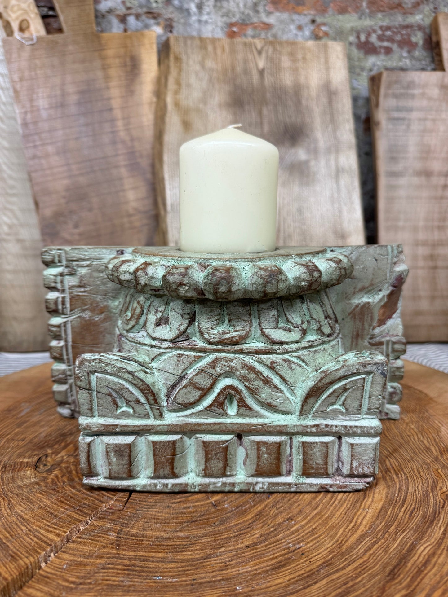 Rustic Church Candle Holder / Indian Pillar Base Holder / Farmhouse Decor Green