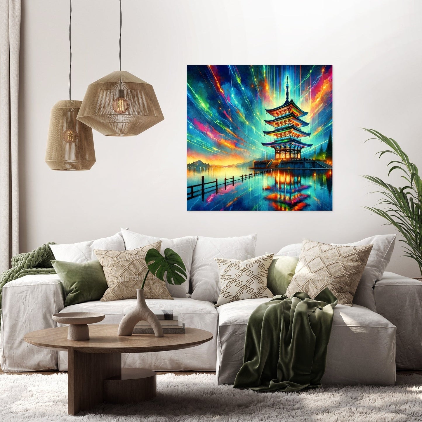 Neon Reflection Pagoda Canvas