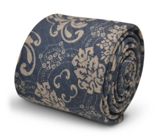 denim medium blue with white damask floral design cotton tie