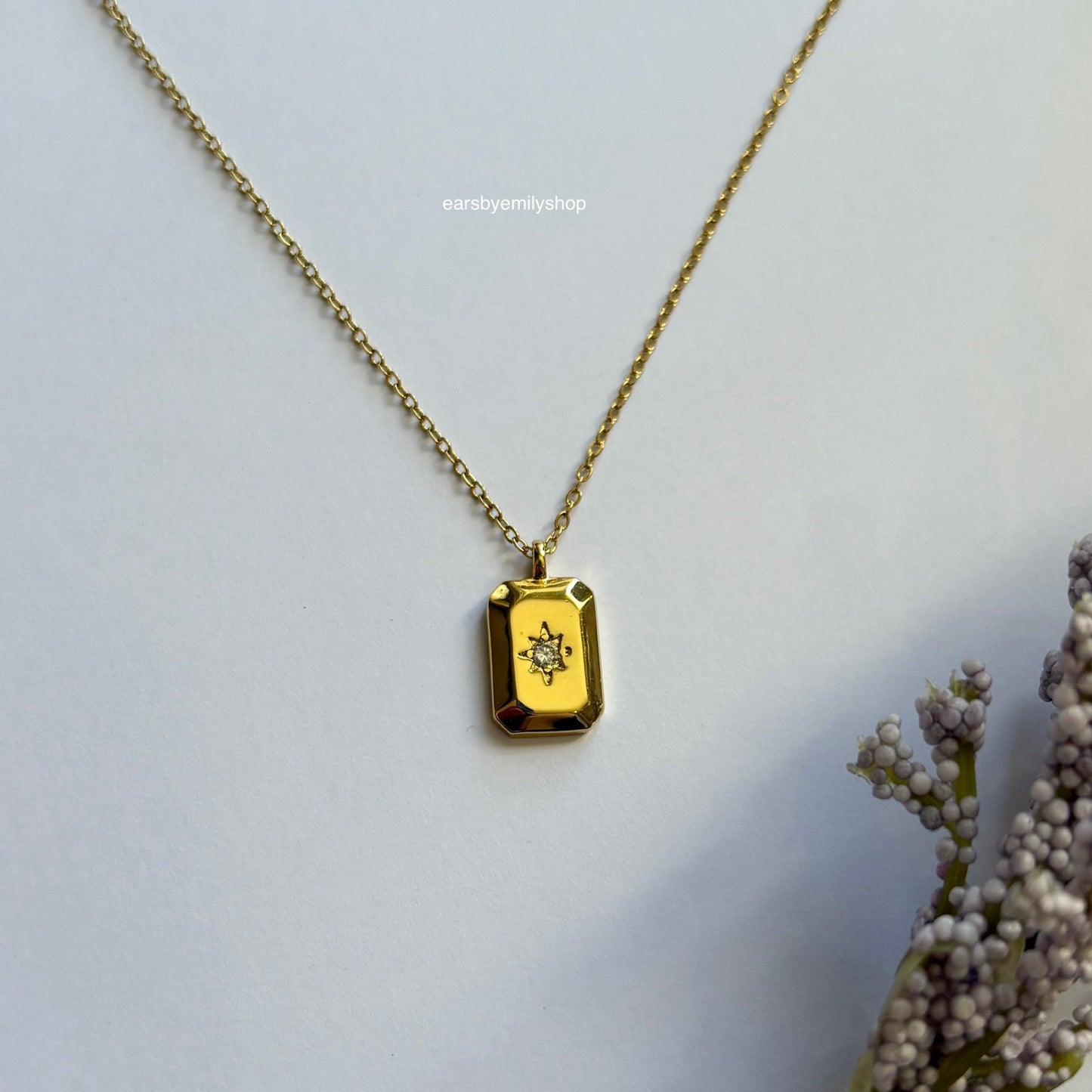 Gold plated rectangle pendant with white crystal diamanté necklace