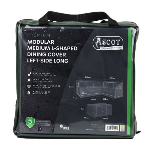 Premium Modular Medium L Shaped Dining Cover (left side long) - 260/184 X 210/134 X 76 (D) X 60/82 (H)
Table: 155 X 95 X 68 H