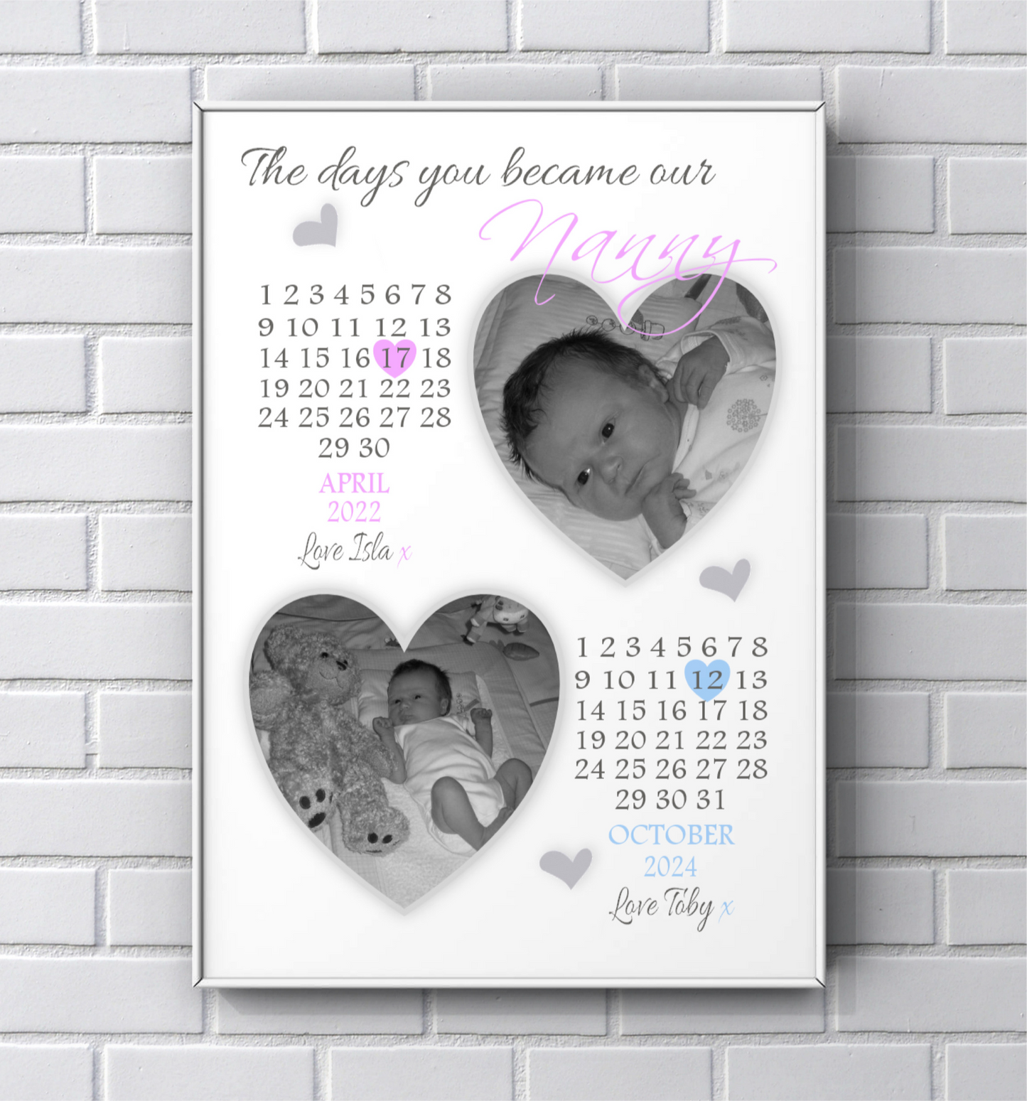 Personalised Nanny, Grandma print Mother's Day 'The days you became our Nanny'