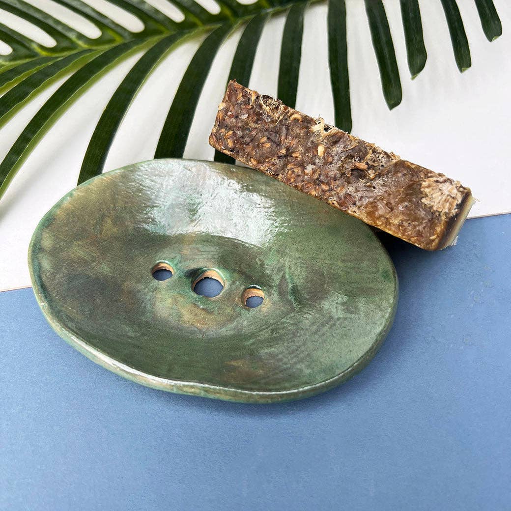 Green Ceramic Soap Dish With Drainage