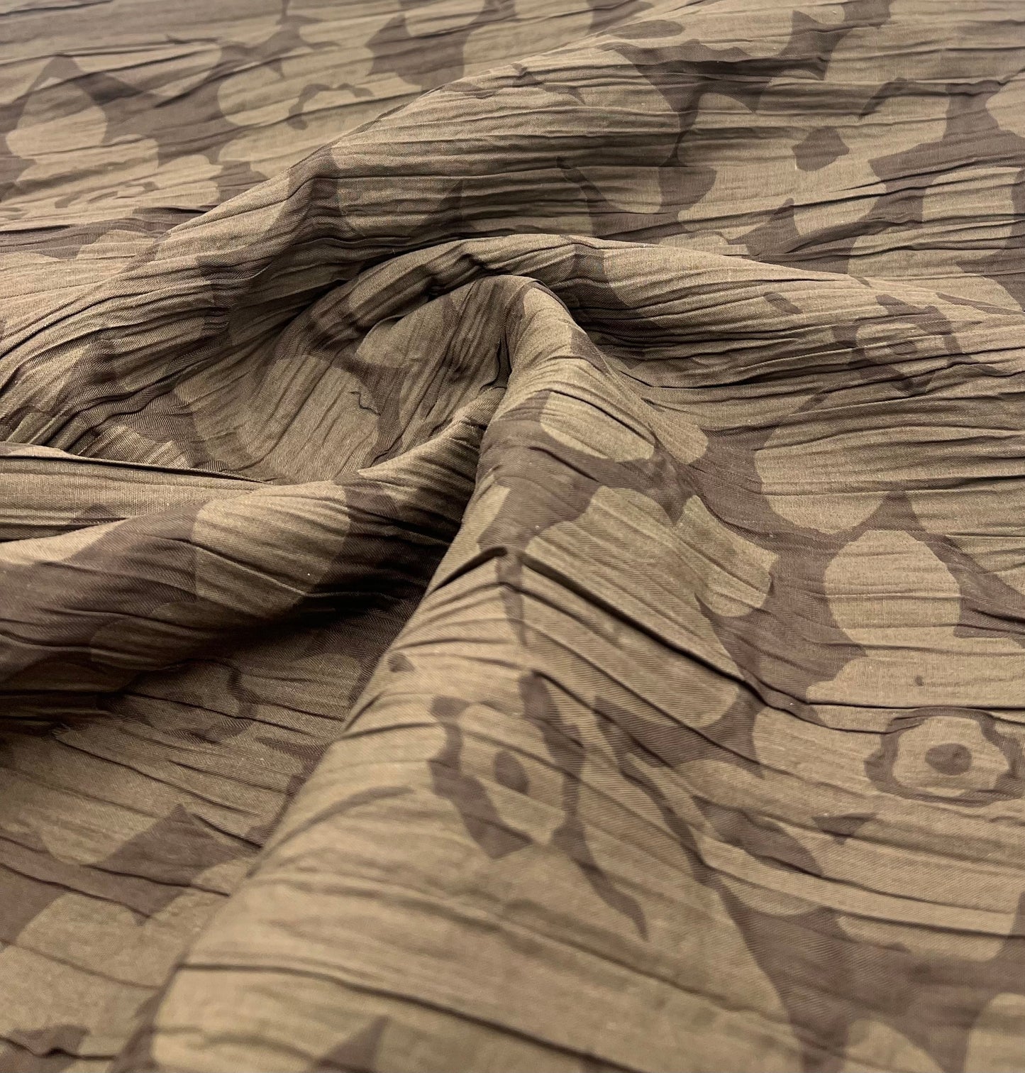Brown Floral Crinkled Lightweight Non Stretch Fabric