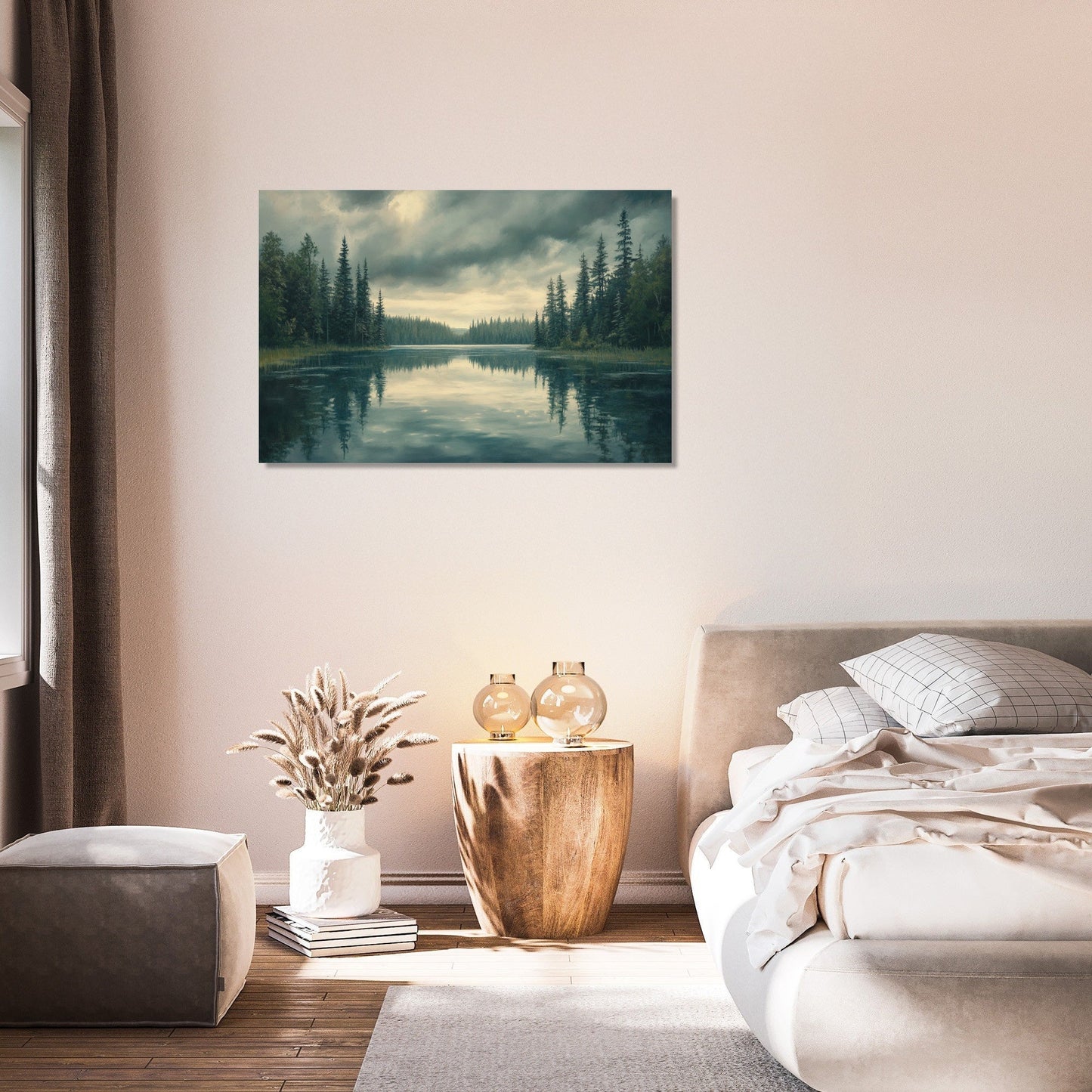 Reflective Pines under Grey Canvas