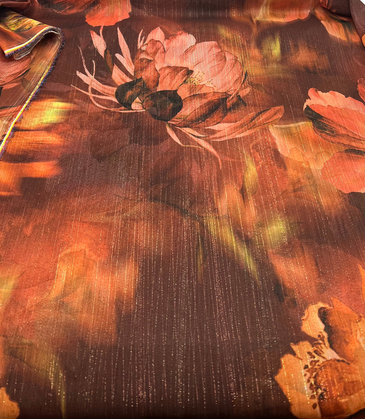 Brown Floral Gold Lurex Stripe Printed Chiffon Dress Fabric
