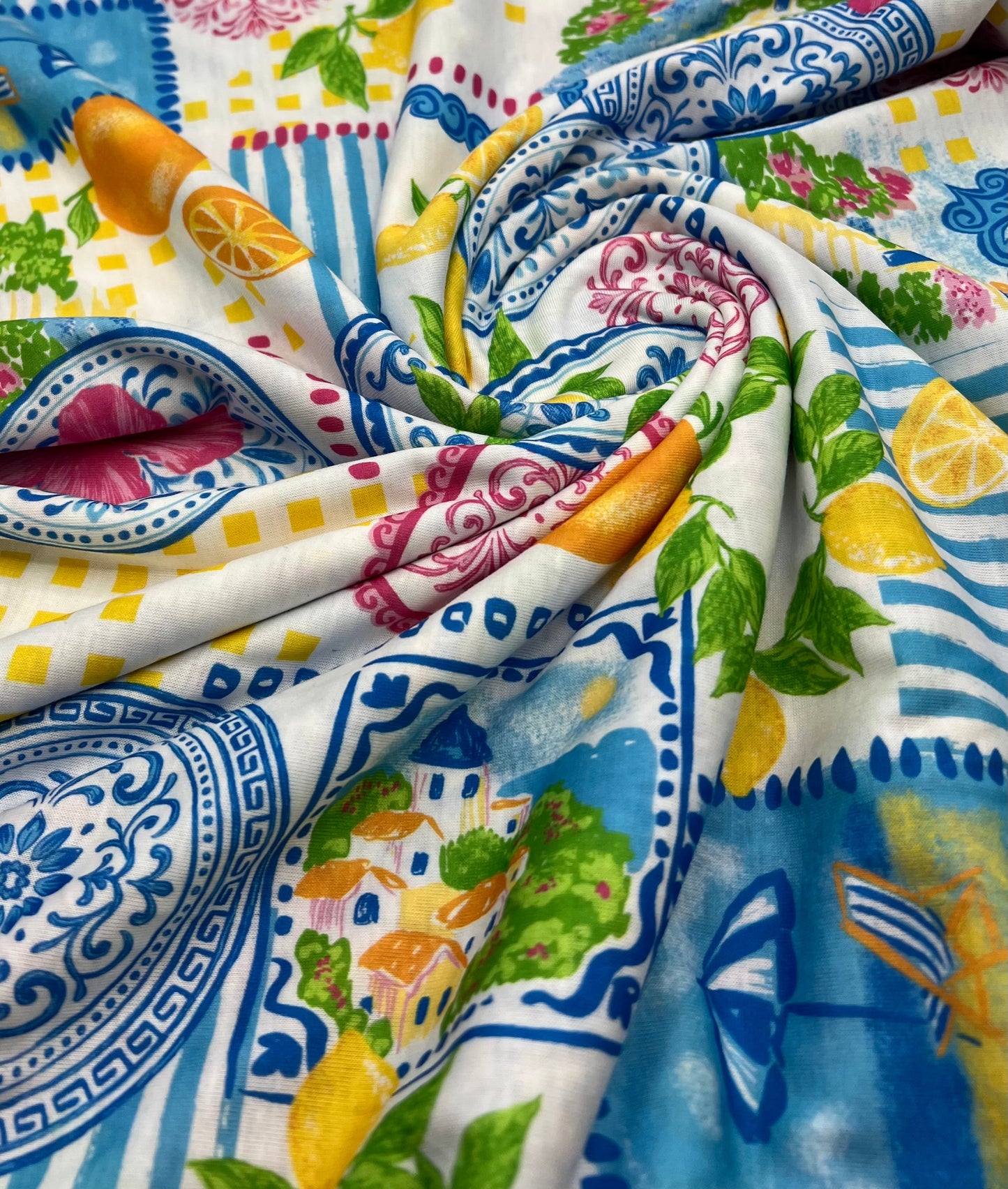 Mediterranean Amalfi Coast Print Spun Poly Stretch Fabric