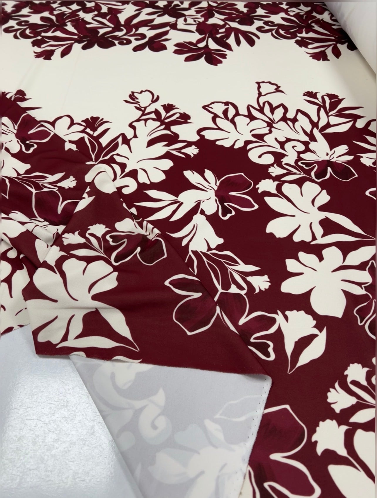 Burgundy Floral Printed Scuba Crepe Jersey Fabric 4 Way Stretch