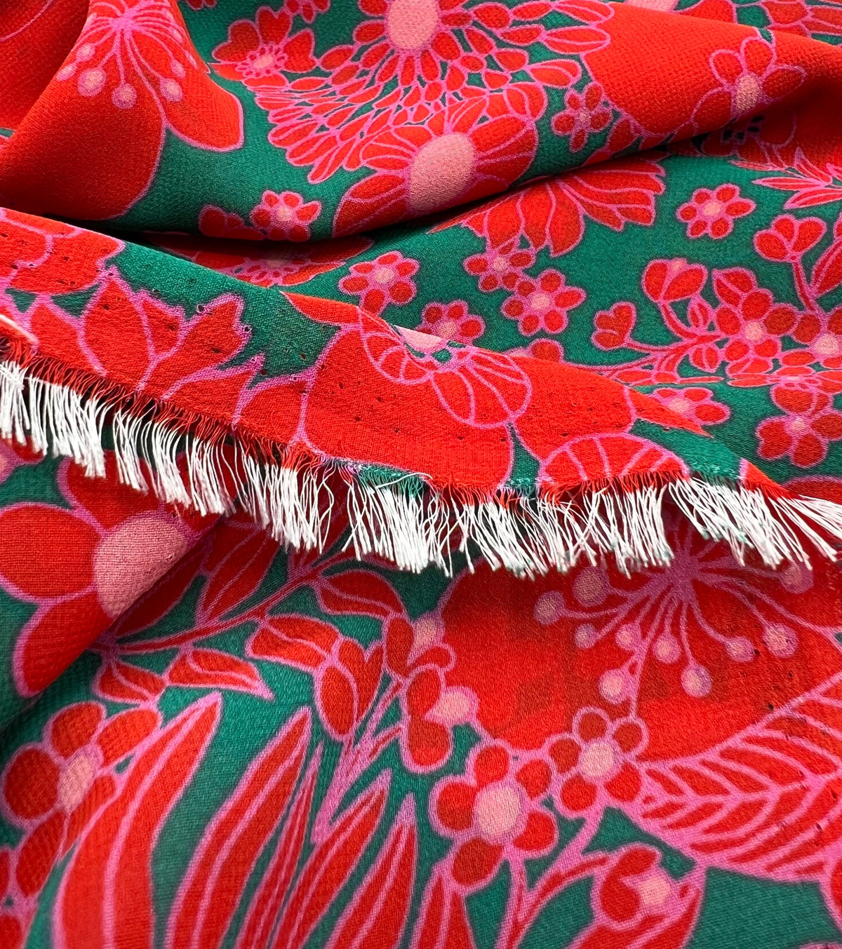 Red Green Floral Lightweight Crepe Fabric 110GSM Non Stretch