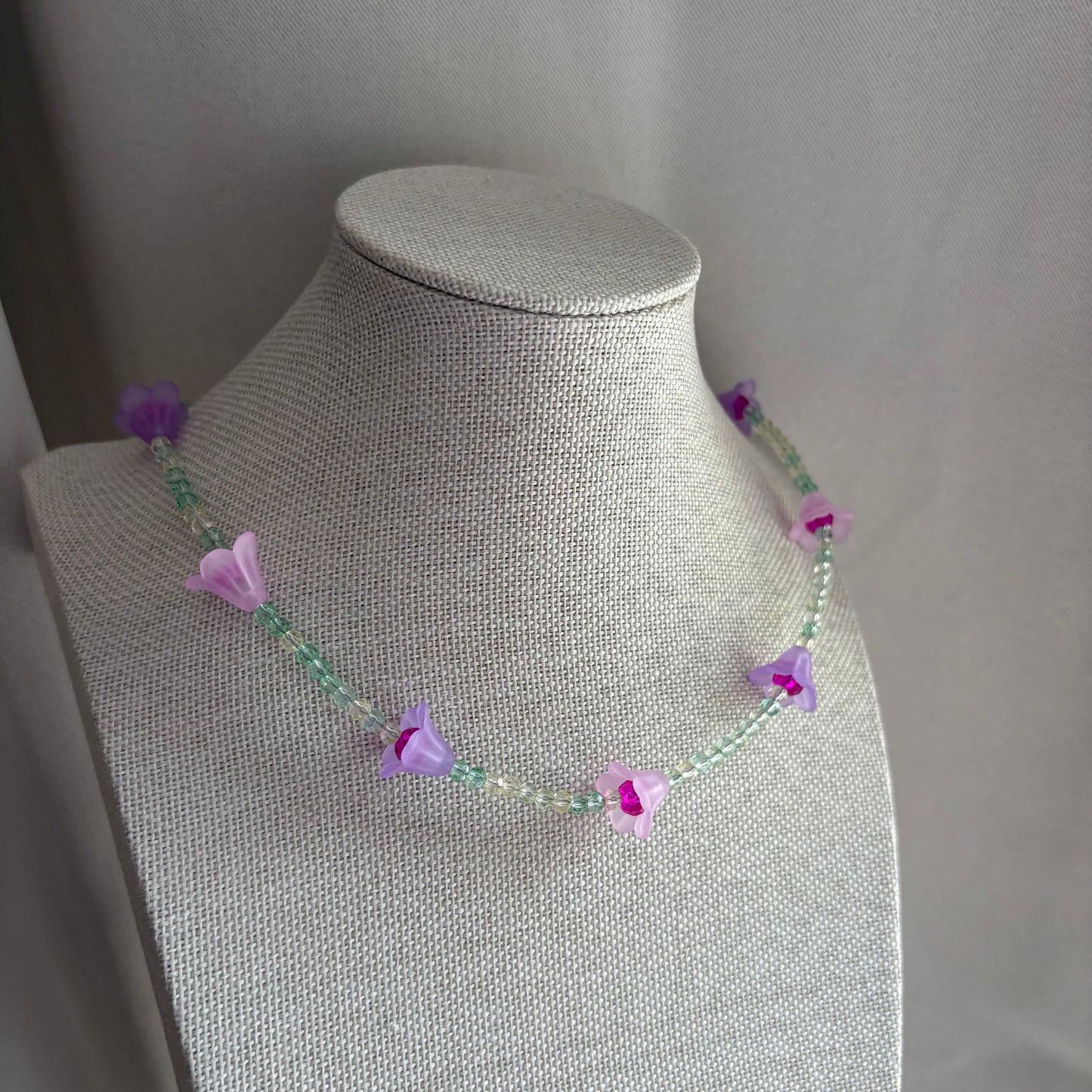 Handmade beaded pink purple and green flower choker necklace