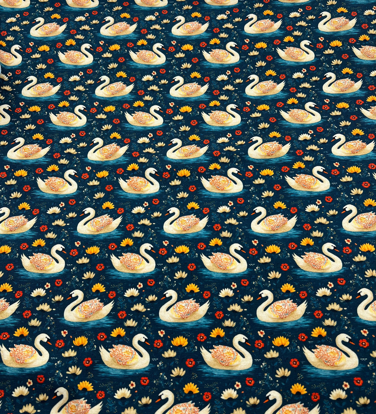Folk Art Swans Print Cotton Stretch Jersey 200 GSM 95/5 Lycra 4 Way Stretch