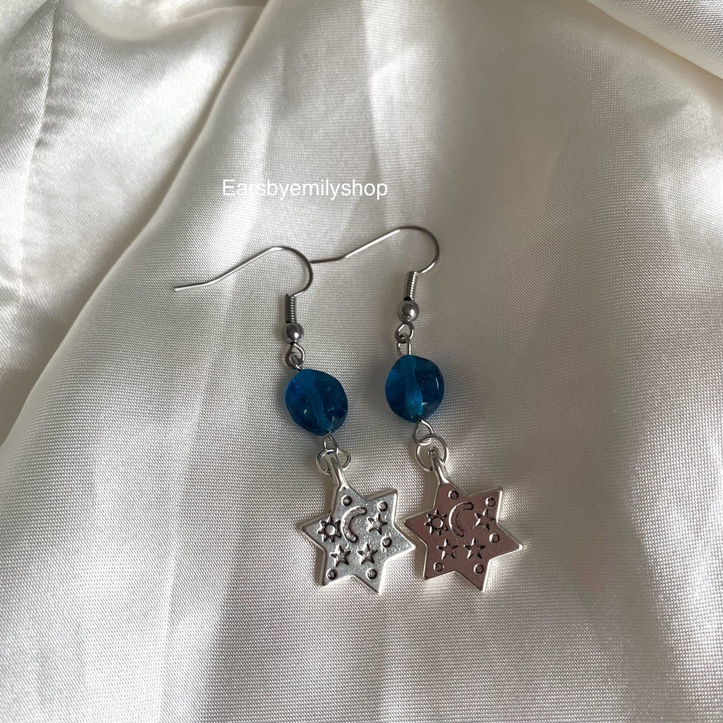 Cool silver star with yellow or blue bead statement dangle hypoallergenic earrings