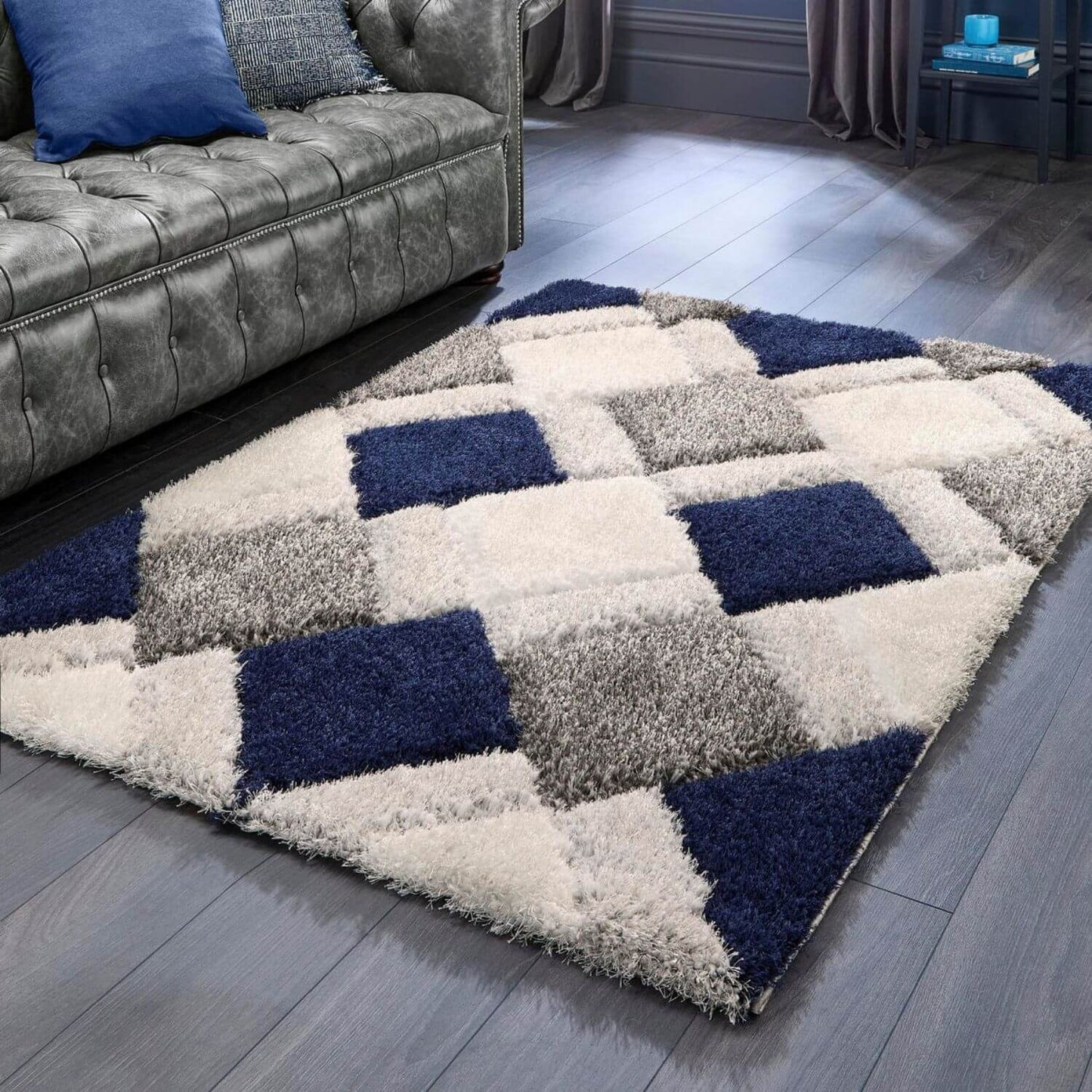 3D Navy Geometric Shaggy Rug