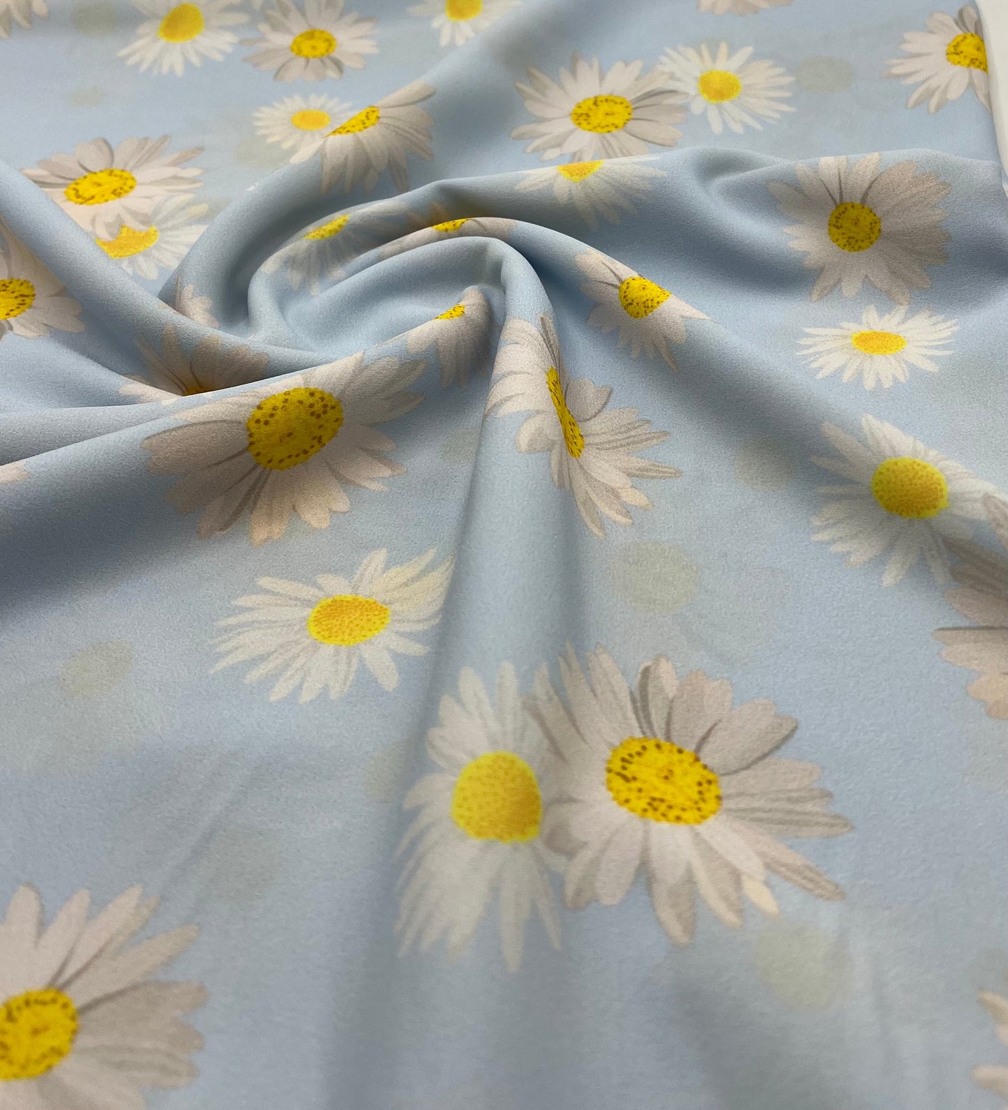 Sky Blue Daisy Lightweight Crepe Fabric 120GSM Non Stretch