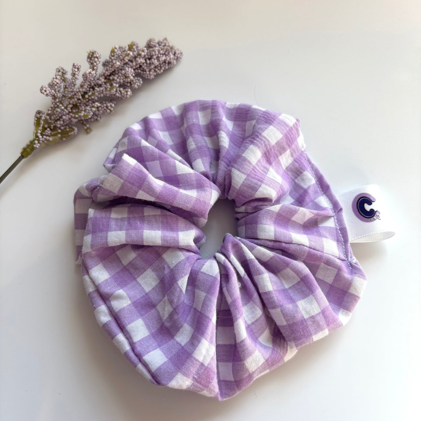 Cool purple and white gingham large hair scrunchie