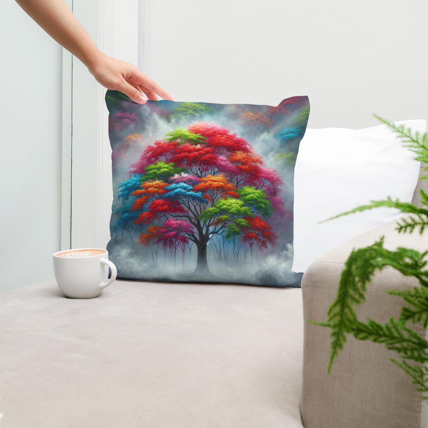 Vibrant Tree in Fog Cotton Cushion