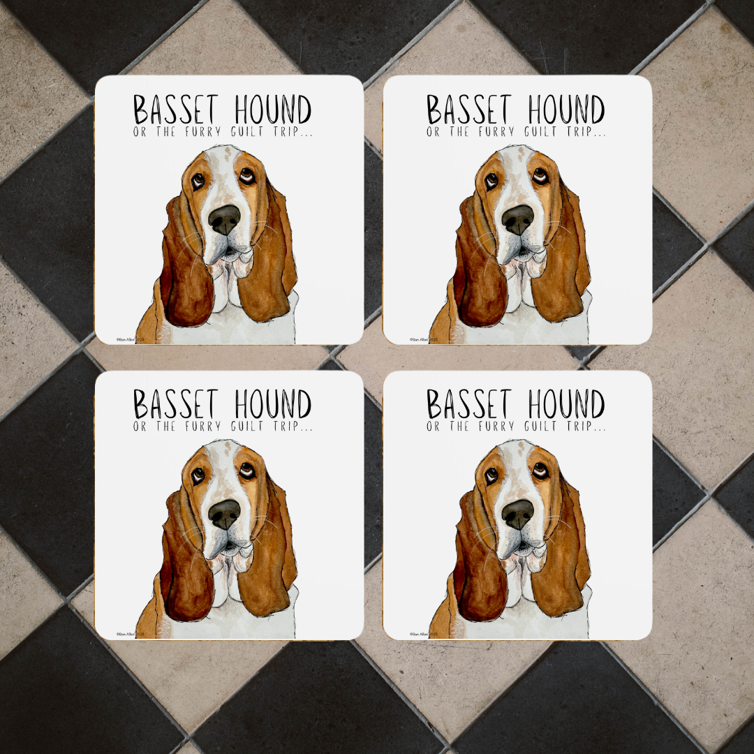Furry Guilt Trip Coasters – Basset Hound Approved