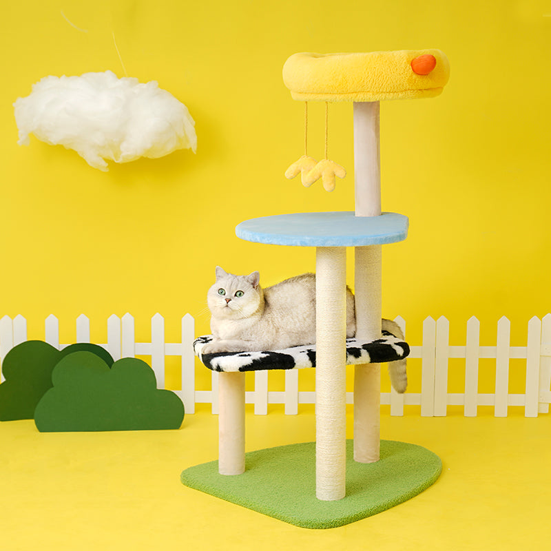 zeze Happy Farm Cat Tree — 105cm Climbing Frame with Chick Nest & Cow-Print Perch