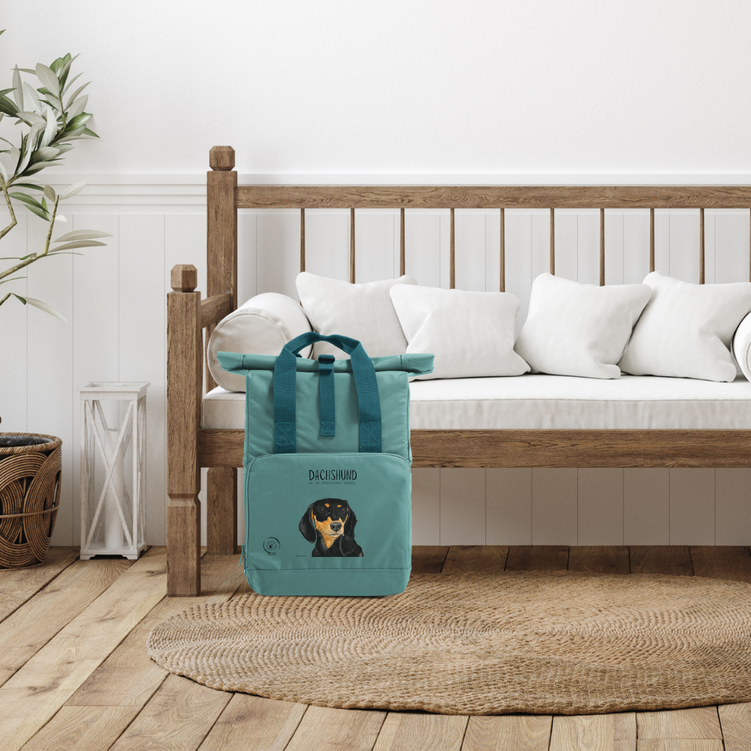 Back & Tan Dachshund Roll-Top Backpack – Small Dog, Big Adventure!