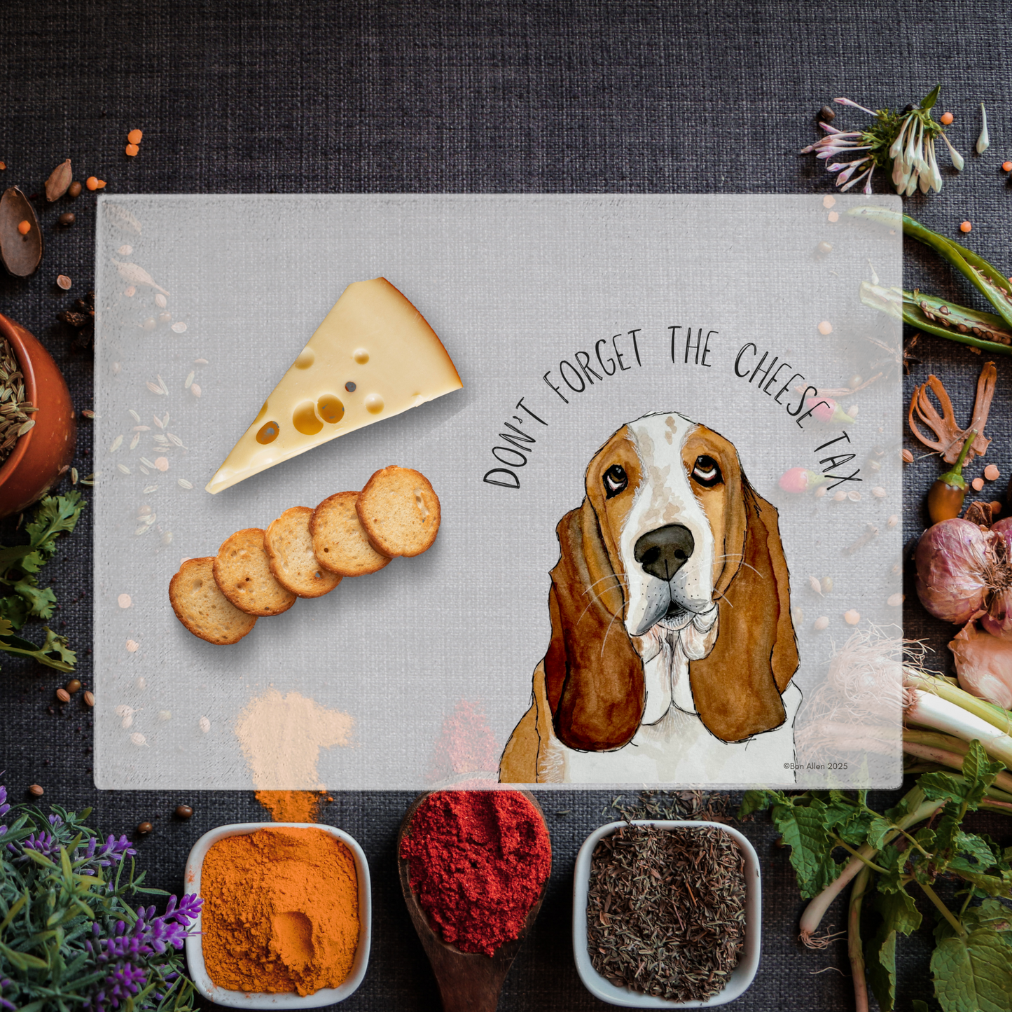 Chop, Slice… and Pay the Cheese Tax! Basset Hound Glass Chopping Board