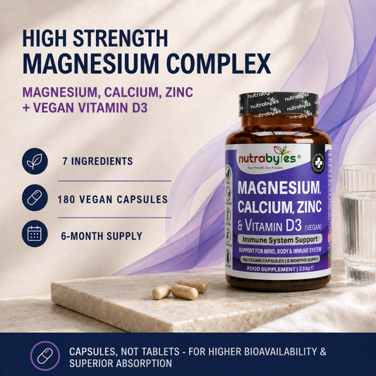 Magnesium, Calcium, Zinc & Vitamin D3 (Vegan D3) | Advanced Immunity Support | 6 Months Supply | Made in the UK