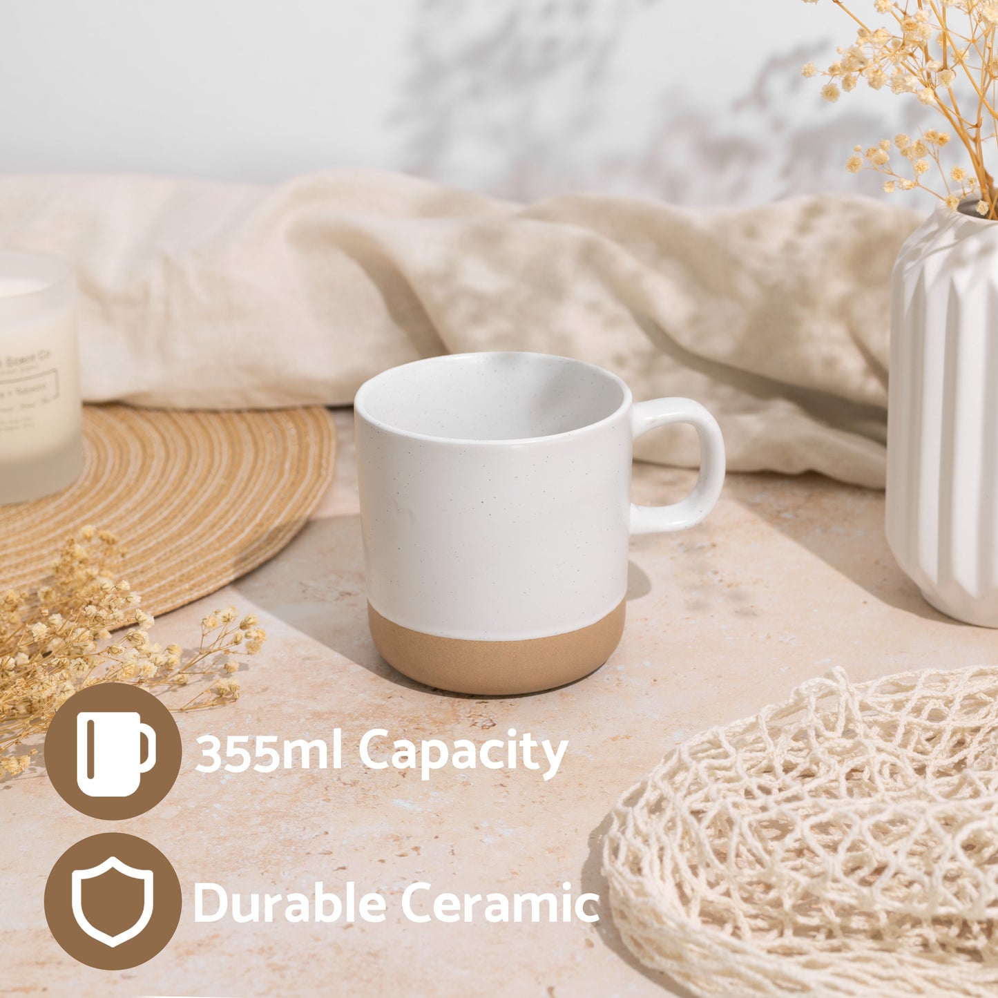 Ceramic Coffee Mug 4-Pack - White Speckled Stoneware 355ml