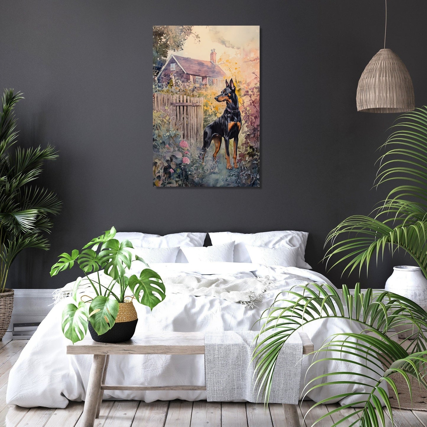 Doberman Sunset Garden Canvas