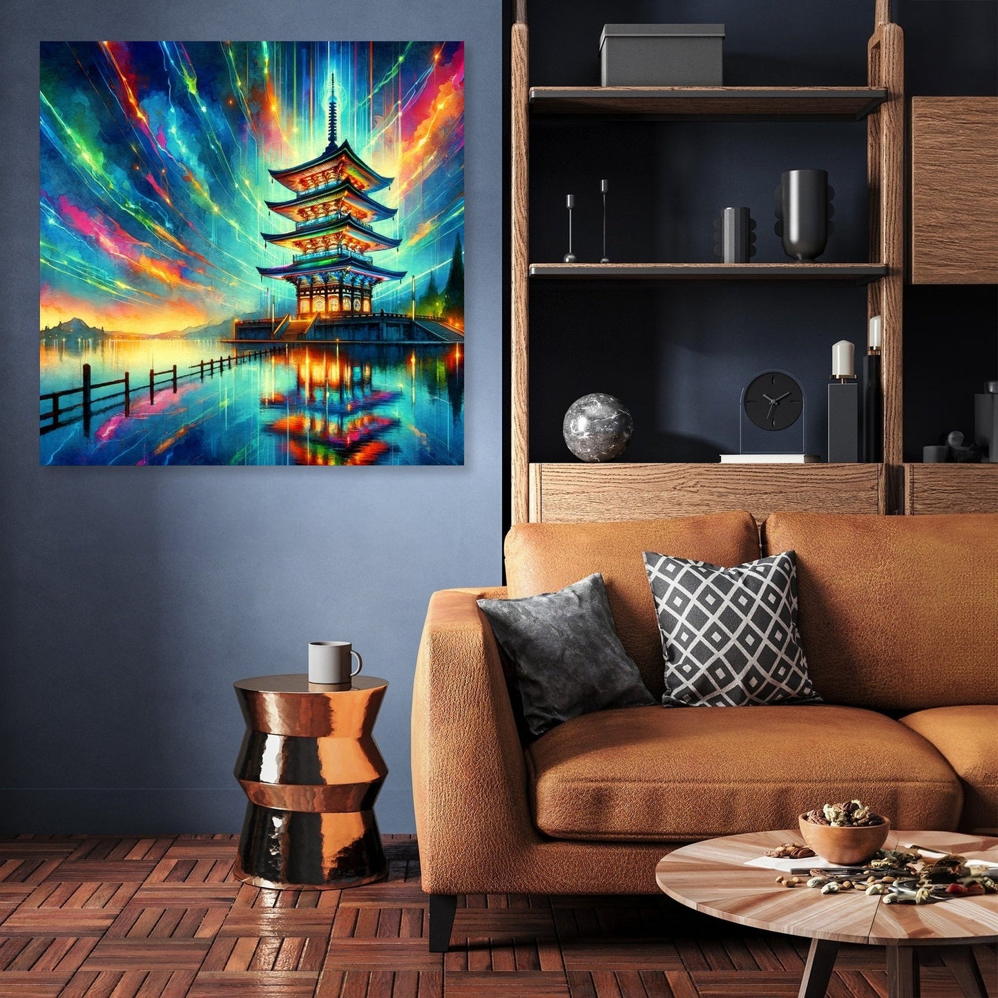Neon Reflection Pagoda Canvas