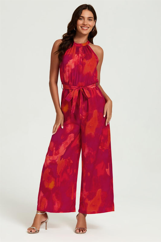 Abstract Print Halter Neck Jumpsuit In Red
