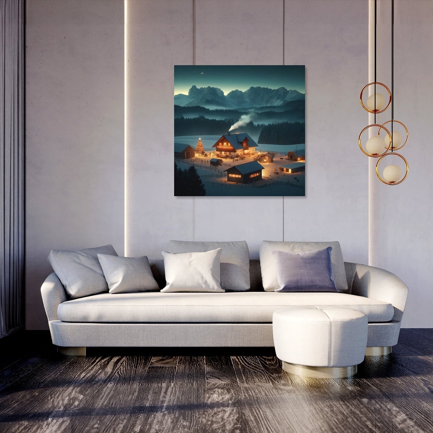 Mountain Farm Holiday Night Canvas