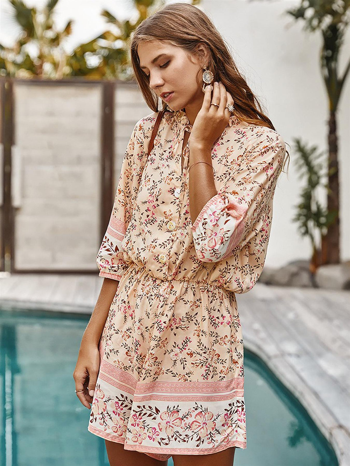 Boho Playsuit With Buttons In Cream & Peach Floral Print