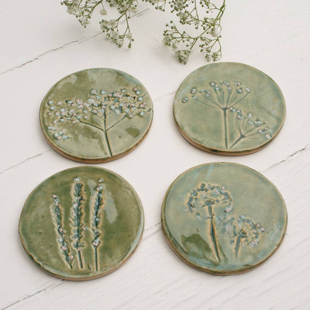 Juliet Reeves Green Meadow Wild Flower Ceramic Coasters Set of 4